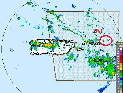 Image taking from the PR Radar illustrates squalls moving in from the south east. Orange square represents area that can be affected by hazardous seas