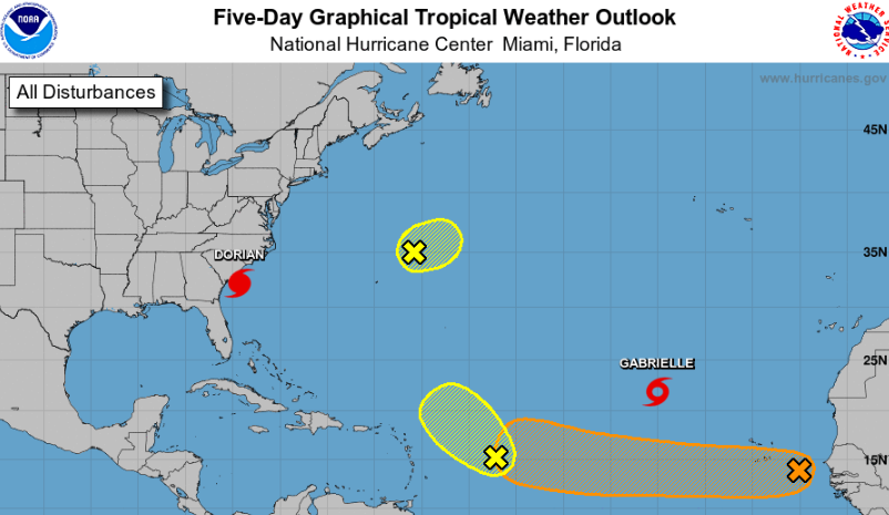 a map showing the positions of all five systems being monitored in the Atlantic